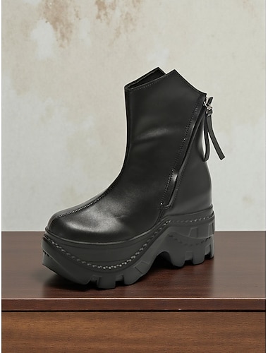  Bottines à plateforme épaisses pour femmes avec fermeture éclair latérale et détails à pompons, chaussures de mode urbaine tendance