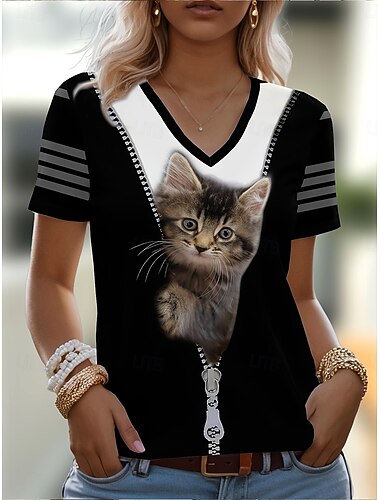  Dames T-shirt Grafisch dier Kat Vintage Stijlvol Klassiek Korte mouw V-hals Normale tops Dagelijks Weekend Afdrukken Zwart Zomer Lente Herfst
