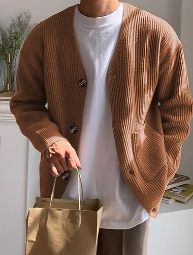  Homme Pull Robe pull Gilet Cardigan Pull Tricoté Côtelé Tricoter Hauts Réguliers Tricoté A côtes Uni Col en V Mode Châles Occasionnel Tenue quotidienne Vêtement Tenue Automne Hiver Marron S M L