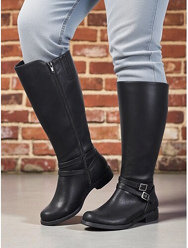  Zwarte extra brede knielaarzen voor dames met zijrits en gesp – casual klassieke rijlaarzen voor werk, reizen en outdooroutfits