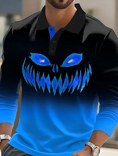  Halloween Homme Potiron Polo manche longue Polos Revers Occasionnel Rue Athleisure Tenue quotidienne Impression 3D Boutons Printemps Automne Hiver Bleu Violet Orange