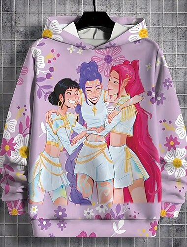  K-POPガールズデーモンハンター漫画キャラクターグラフィックパーカー - 表情豊かなアニメガールズプリントで快適なストレッチ素材でカジュアルな服装に最適 &テーマイベント