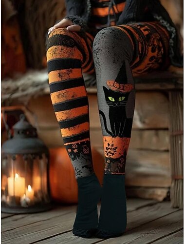  女性用 レギンス 旅行度假风 ヴィンテージ ファッション 全長 ハイウエストPantsHalloween グラフィック スカル 猫 プリント ソフト 高通気性 伸縮性あり アウトドア バケーション ストリート 暗灰色 ライトグレー オレンジ 夏 春 秋 冬 スリムフィット