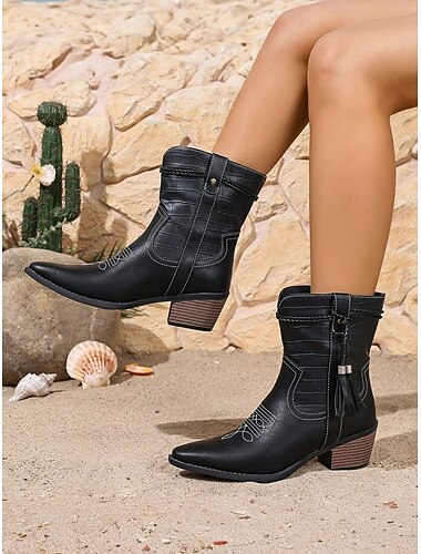  stivaletti western da donna in similpelle nera con dettagli in nappa e stampa coccodrillo in rilievo, tacchi a blocco per uno stile urbano alla moda