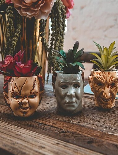  Skrekkfilm-plantekar skumle hodeplantepotter små ansiktblomster sukkulente potter vase med dreneringshull for innendørs utendørs hjem halloween-dekorasjon, harpiks