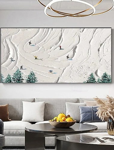  Håndlaget 3D-oljemaleri av skiscene med snødekte fjell, furutrær, livlige farger, rike teksturer, detaljerte penselstrøk, realistisk skyggelegging for hjemmedekor