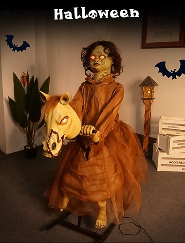  Αυτόματο Halloween - καταραμένο κορίτσι σε κινούμενο κουνιστό αλογάκι - 105cm - animatronics - τροφοδοσία από το δίκτυο - γρήγορη και εύκολη συναρμολόγηση