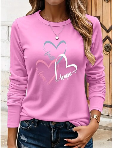  Damen T Shirt Herz Grafik Vintage Stilvoll Klassisch Langarm Rundhalsausschnitt Rundhals Normale Oberteile Täglich Druck Schwarz Blau Khaki Rosa Sommer Frühling Herbst