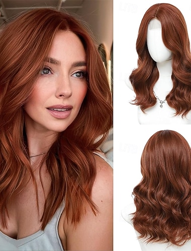  Rödbrun peruk med mellanlånga peruker för kvinnor 18 tum Syntetiskt hår i mitten - vågigt hår - naturlig hårlinje för daglig fest/Halloween-bruk