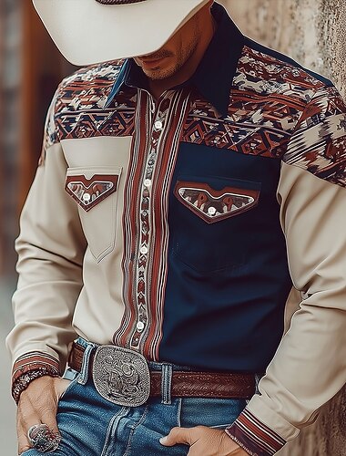  Per uomo Geometrico Azteco Etnico Camicia Camicia Western Camicia da cowboy Manica Lunga Vintage Retrò All'aperto Casuale Abbigliamento da lavoro Primavera Autunno Collo ripiegato Due tasche