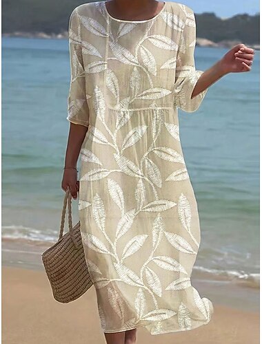  Dámské maxi šaty kaftan s 3/4 rukávy kulatým výstřihem volnočasové šaty A-linie boho pravidelný střih grafické listy žluté růžové modré fialové jaro podzim
