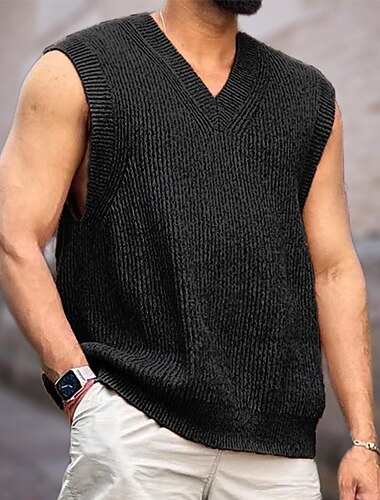  Herren Pullover Strickpullover Gerippt Stricken Normale Oberteile Gestrickt Einfach V Ausschnitt Mode Basic Urlaub Alltagskleidung Bekleidung Sommer Frühling Schwarz M L XL