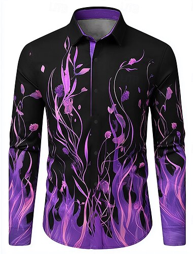  Per uomo Stampa Floreale Fiamma Fiori Camicia Camicia con Bottoni Camicia casual Manica Lunga Casual All'aperto Ferie Estate Primavera Collo ripiegato Stampa 3D camicie con colletto Nero