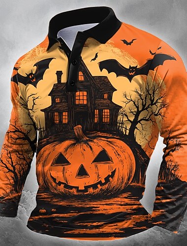  Halloween Ανδρικά Κολοκύθα Νυχτερίδα Πόλο Μακρυμάνικο Μπλουζάκια πόλο Πέτο Καθημερινό Σκούρο Δρόμος Ένδυση γυμναστικής και άθλησης Φεστιβάλ στολή 3D εκτύπωση Κουμπιά Άνοιξη Φθινόπωρο Χειμώνας