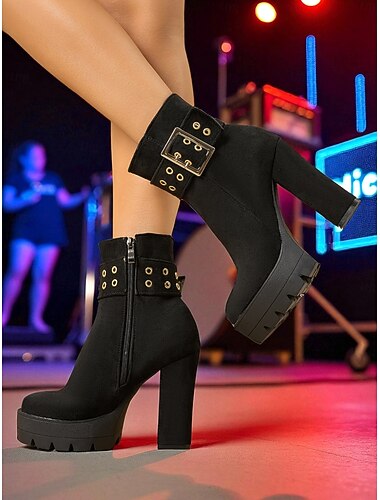  Zwarte suède enkellaarsjes met plateauzool voor dames, met dikke hak en gouden gesp &ritssluiting - edgy party &concertschoenen voor herfst- en winteroutfits