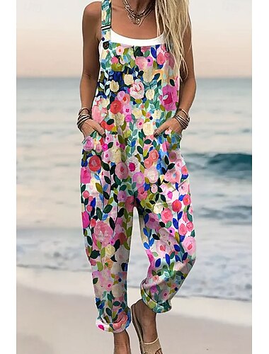  Damen Latzhose Aktiv Blumen Ärmellos Ärmellos Gerade Quadrathals Tasche mit Tasche Urlaub Täglich Lässiger Schnitt Rosa Rote Grün Sommer