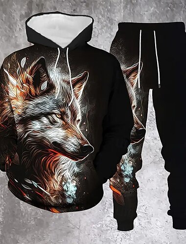  Per uomo Animale Lupo 2 pezzi Set di felpe 3D Tuta Felpa con Cappuccio Manica Lunga Pantaloni lunghi Con Cappuccio Casual Quotidiano Athleisure Abbigliamento quotidiano Stampa 3D Primavera Autunno