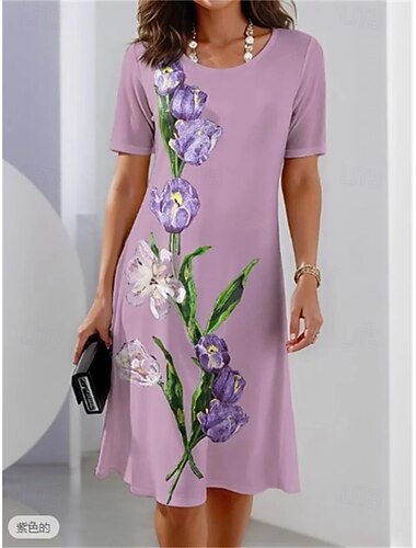  elegante abito midi da donna, abito t-shirt, abito a trapezio, festa, sera, casual, formale, quotidiano, vestibilità regolare, floreale, grafico, astratto, manica corta, girocollo, nero, bianco, viola