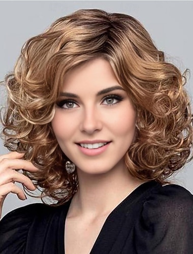  Dame Gyllenbrun Kort Krøllete Bob-parykk Naturlig Realistisk Syntetisk Hår Varmebestandig Lagdelt Elegant Dagligbruk Mote Stil