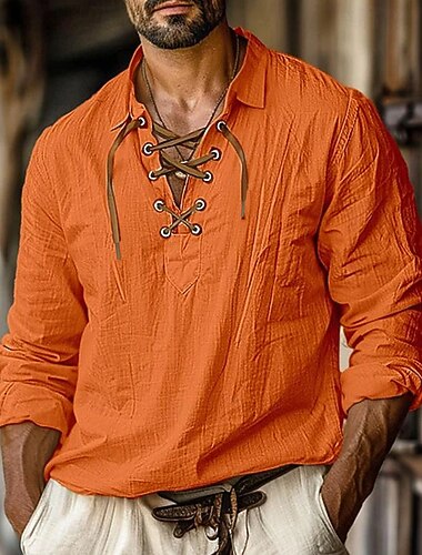  Per uomo Camicia camicia di lino Stile vichingo Camicia estiva Abbigliamento mare Tinta unica Strada Giornaliero Bianco Arancione Verde Azzurro Manica lunga Collo Abbigliamento