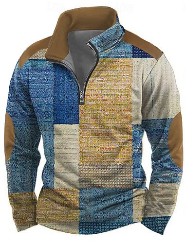  Per uomo Geometrico Astratto Felpa Casual Manica Lunga Collo alla coreana Vacanza Abbigliamento casual alla moda Blu Viola Cerniera Zip a un quarto Autunno Inverno progettista