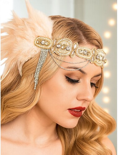  Damhårband med guldfärgade pärlor och strasskedja från 1920-talet - vintage Gatsby-håraccessoar för feststil