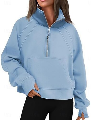 Damen Pullover Sweatshirt Einfach Streetwear Basic Lässig Langarm Rollkragen Normale Oberteile Straße Ferien Tasche Halber Reißverschluss Schwarz Weiß Wein Grün Grau Herbst Winter