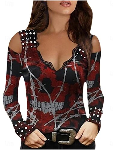  Γυναικείο Μπλουζάκι Floral Στυλάτο Καθημερινά Μακρυμάνικο V Λαιμόκοψη Κανονικά Τόπς Καθημερινό Τύπωμα Μαύρο Κόκκινο Χακί Σκούρο Γκρι Καλοκαίρι Άνοιξη Φθινόπωρο