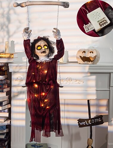  utendørs halloween-dekor skumle stemmeeffekter led hengende dekor dekorasjoner utendørs skummelt skjelett med lysende øyne huske flyvende for hage hage uteplass søt halloween-dekor
