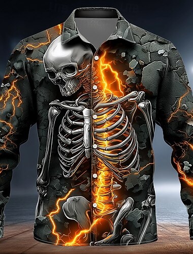  Per uomo Teschio Fulmini Roccia lavica screpolata Camicia Camicia con Bottoni Manica Lunga Stile gotico oscuro All'aperto Ferie Estate Primavera Collo ripiegato Stampa 3D camicie con colletto Grigio