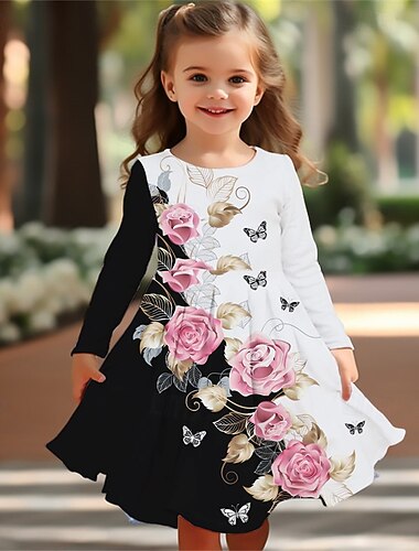  ragazze' 3D Farfalla Fiore Abito Manica Lunga Estate Primavera Vacanza Quotidiano Ferie Principessa Bello Dolce Bambini 4-12 Anni Vestito Casual Abito a trapezio Lunghezza al ginocchio Vestibilit