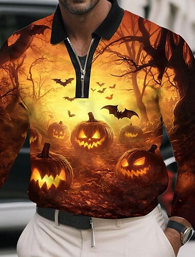  Halloween Ανδρικά Κολοκύθα Πόλο Μακρυμάνικο Μπλουζάκια πόλο Πέτο Καθημερινό Δρόμος Καθημερινά Ρούχα Φεστιβάλ στολή 3D εκτύπωση Quarter Zip Polo Άνοιξη Φθινόπωρο Χειμώνας Μαύρο Κίτρινο Πορτοκαλί