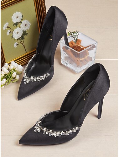  Escarpins à bout pointu en satin pour femmes avec ornements en cristal, chaussures de cocktail élégantes pour les occasions spéciales