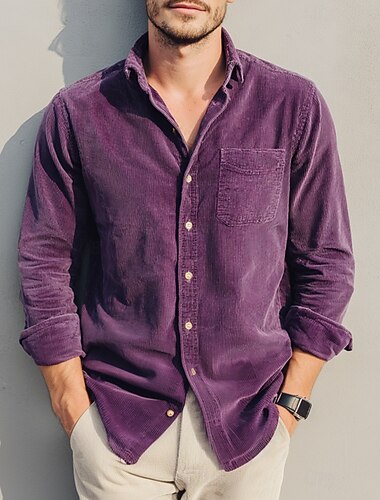  Hombre Camisa Camisa de verano Camisa de Pana Abotonar la camisa Amarillo Morado Verde Trébol Gris Oscuro Manga Larga Plano Cuello Vuelto Casual Diario Bolsillo Ropa Moda Ropa de calle Clásico Casual