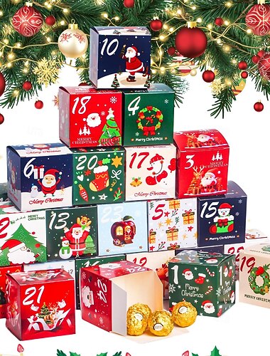  24dílná vánoční adventní dárková krabička, vánoční krabičky na sladkosti a sušenky, slavnostní odpočítávací překvapivé dárkové balení, organizér na sezónní vánoční pamlsky
