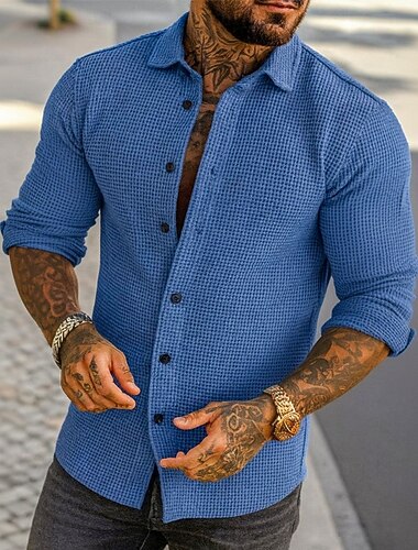  Hombre Camisa Camisa de gofres Camisa de verano Camisa casual Abotonar la camisa Negro Amarillo Vino Azul Piscina Verde Trébol Manga Larga Color sólido Plano Diseño Vacaciones Casual Ropa Moda Casual