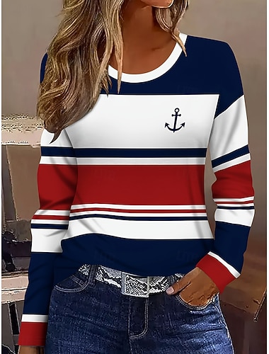  Damen T Shirt Druck Grafik Geometrisch Gestreift Vintage Stilvoll Klassisch Langarm Rundhalsausschnitt Rundhals Normale Oberteile Täglich Marineblau Frühling Herbst Winter
