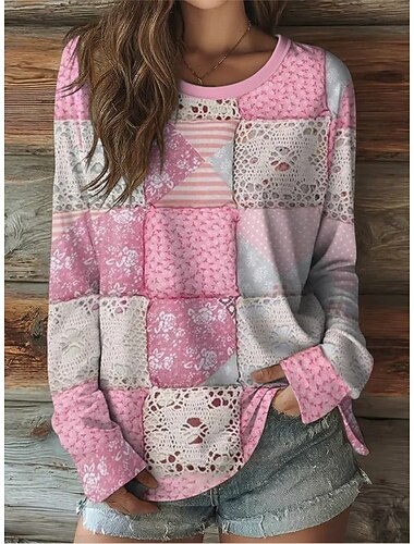  חולצת נשים מודפסת בתלת מימד עם גרפיקה פרחונית צבעים מדהימים באופי וינטאג' קז'ואל שרוולים ארוכים צווארון מעוגל חולצות רגילות יציאות יומיות סוף שבוע צהוב אדום ירוק שמנת אביב סתו