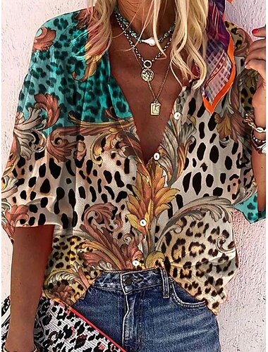  Dámské bohémské vintage topy s výstřihem do V, 3/4 rukávy, grafický leopard, denní nošení, plážové oblečení, potisk, kaštanově hnědá, léto, jaro, podzim