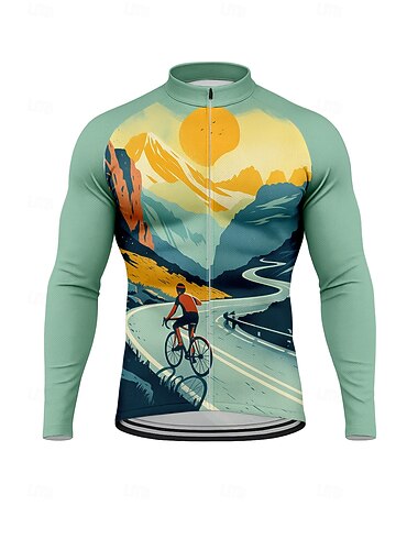  Męskie Topy Koszulka rowerowa Graficzny Geometryczny Sceneria Długi rękaw Rower Dżersej Top z 3 tylnymi kieszeniami Słońce Ochrona przed słońcem Filtr przeciwsłoneczny Szybkie wysychanie Sport Zielony