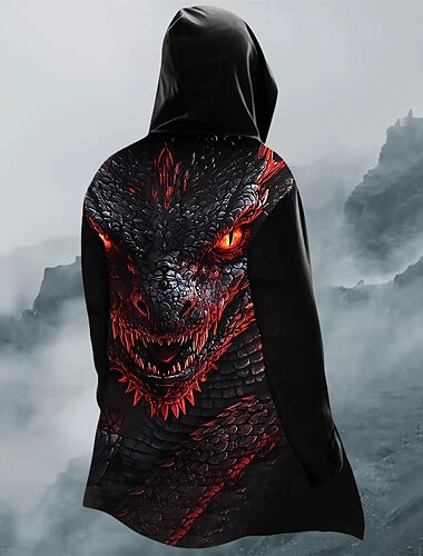  Halloween Homme Dragon Manteau d'Hiver Veste en Polaire Manteau Chaleur Thermique Confortable Occasionnel Rue Tenue quotidienne Fermeture éclair Avec Poches Impression 3D Automne Hiver À capuche