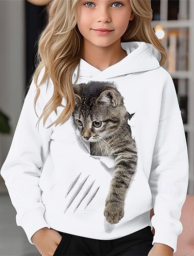  Flickor 3D Djur Katt Huvtröja Långärmad Vår Höst Mode Streetwear Barn 4-12 år Huva Utomhus Ledigt Dagligen Normal