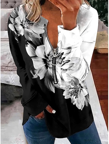  Per donna Felpa Pullover Felpe con cerniera Floreale Grafico Moda Casual Manica Lunga Girocollo Top Regolari Streetwear Abbigliamento Quotidiano Cerniera Stampato Nero Autunno Inverno