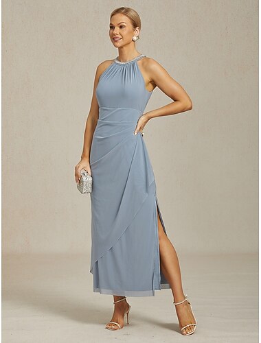  Dam Maxiklänning Sheath Dress Elegant party cocktail Ensfärgat Ärmlös Rund hals Dammig blå Sommar