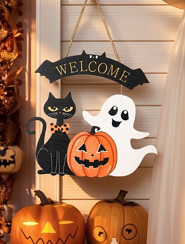  Panneau de bienvenue en bois pour fête d'Halloween, chat fantôme, chat noir, citrouille, dessin animé coloré, décoration murale imprimée pour les vacances, pour fête d'Halloween