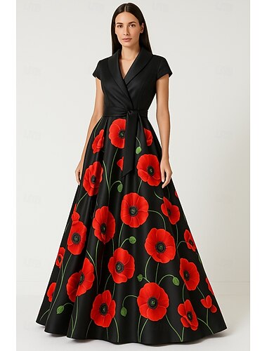  A-Line Evening Gown Elegant Formal Dress Formal Wedding Floor Length Short Sleeve Shirt Collar Pocket Satin with Floral Print Pocket 2025