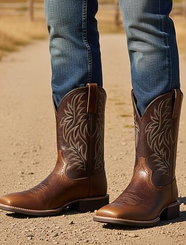  tvåfärgade cowboystövlar i konstläder för män – klassisk broderad design, hållbar konstruktion, perfekt för ridning, utomhus och fritidskläder