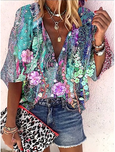  Camicia da Donna Blusa Bottone Ombre Fiorita Grafica Bohemia Vintage Quotidiano Manica 3/4 V Collo Camicia Regolare Top Quotidiani Vacanza Moda Stampa Viola Verde Rosa Pink Estate Primavera Autunno