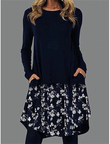  女性用 ミディドレス シースドレス T シャツドレス A ラインドレス アスレチックドレス 旅行度假风 カジュアル ボヘミアン 日常 レギュラー グラフィック 幾何学模様 千鳥格子 長袖 クルーネック ルビーレッド ブルー ゴールド グレー 夏 春 秋