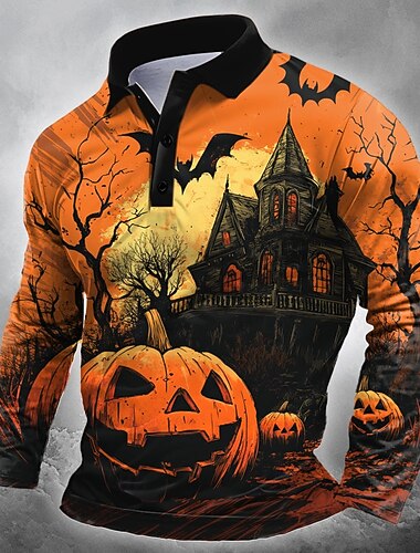  Halloween Herre Gresskar Flaggermus Polo Langermet Poloskjorter Knaphul Fritid Mørk Gate treningsklær Festivalantrekk 3D-utskrift Knapper Vår Høst Vinter oransje1 Oransje 2